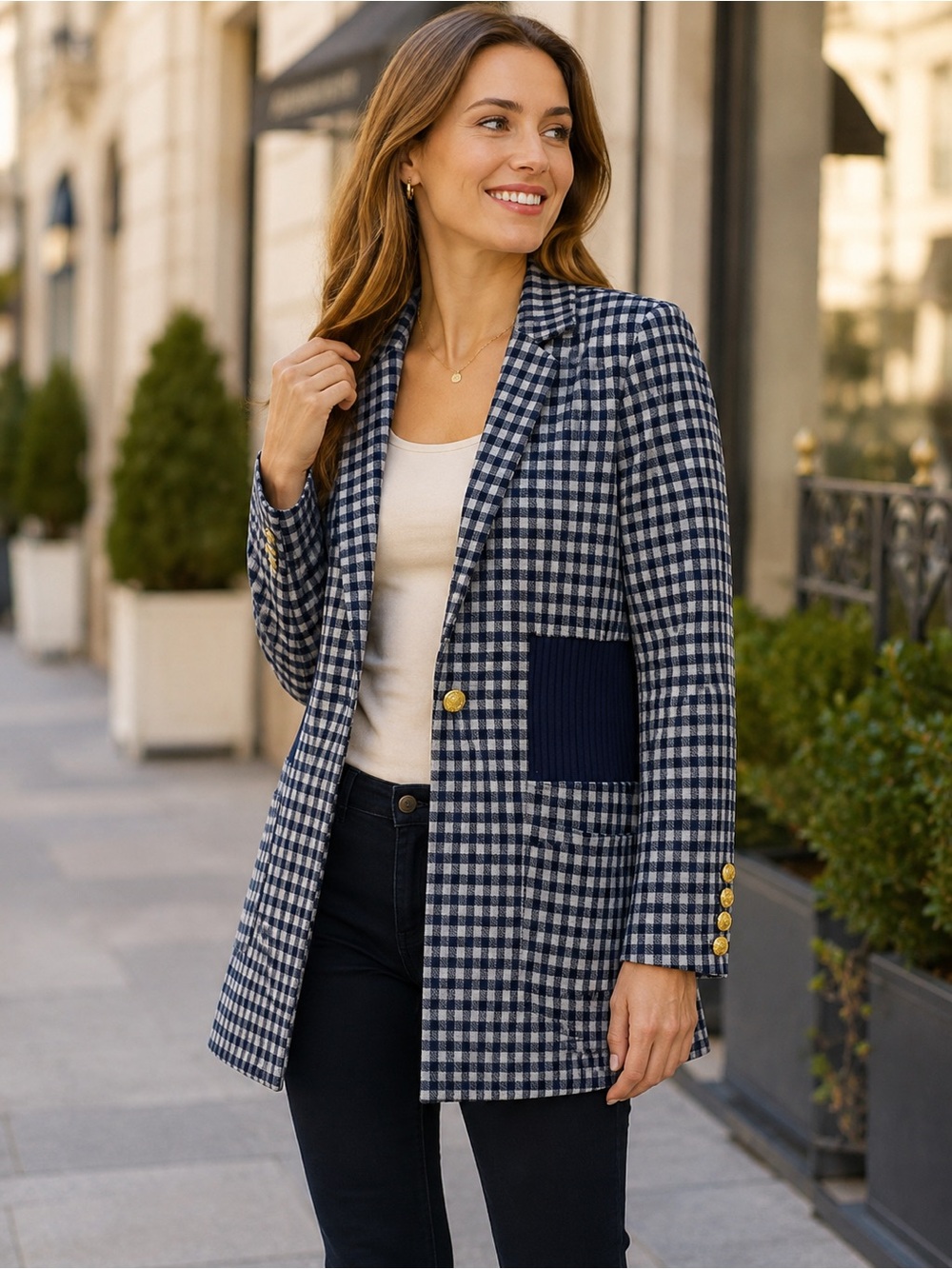 Cabi Checked Navy Blue Long Blazer Jacket Size small gold buttons